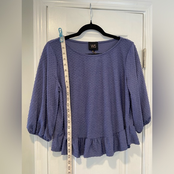 NWT W5 Size S Blue Periwinkle Swiss Dot 3/4 Sleeve Peplum Blouse Pullover - Picture 5 of 11